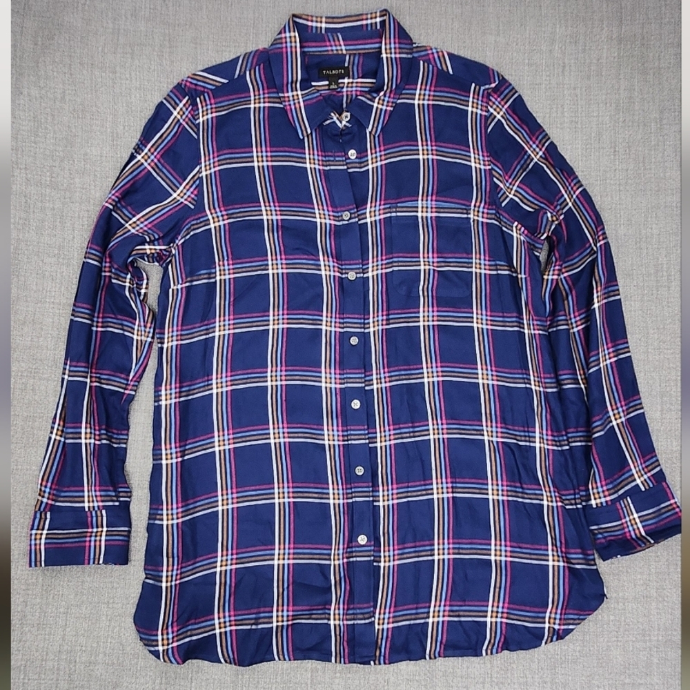 Talbots Blue & Pink Plaid Flowy Style Button Down Top. Large